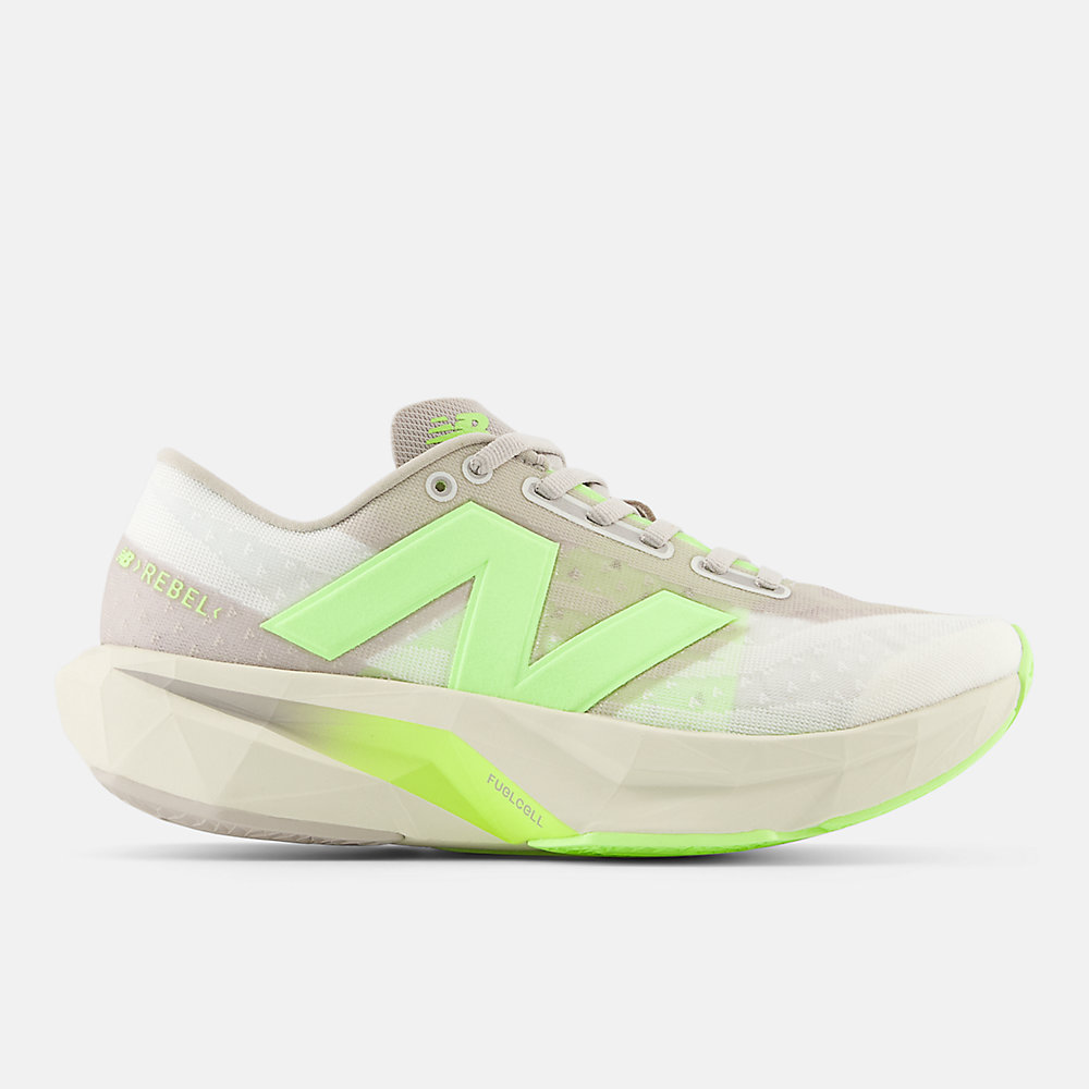 New Balance FuelCell Rebel v4 Shoes Moonrock with Bleached Lime Glo and Sea Salt